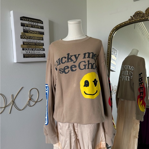 Tan Graphic Sweatshirt with Smiley Face - Picture 1 of 2